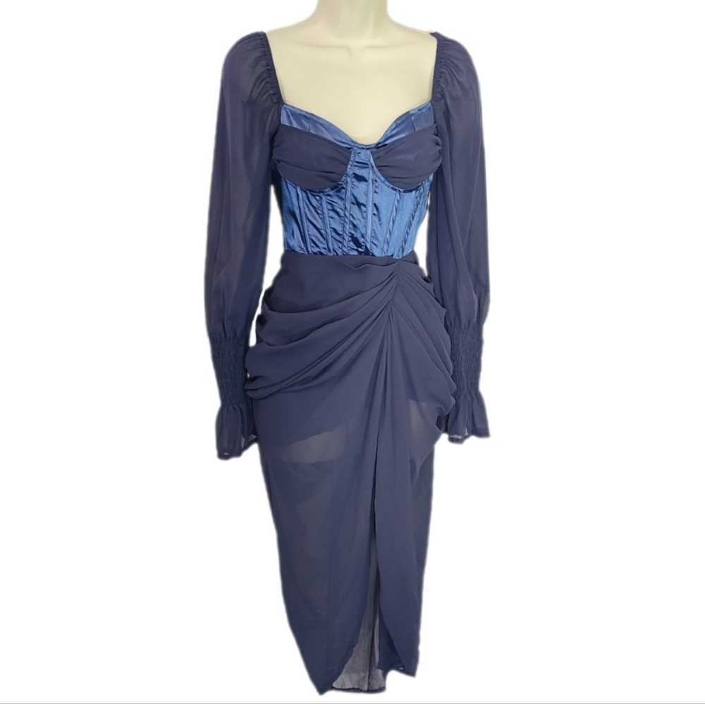 PrettyLittleThing Dress Satin Draped, Chiffon Midi Mineral Blue Size 2